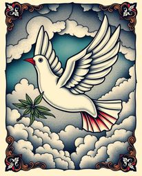 This vibrant traditional tattoo art print depicts a dove carrying an olive branch through stormy skies, imbued with a retro f