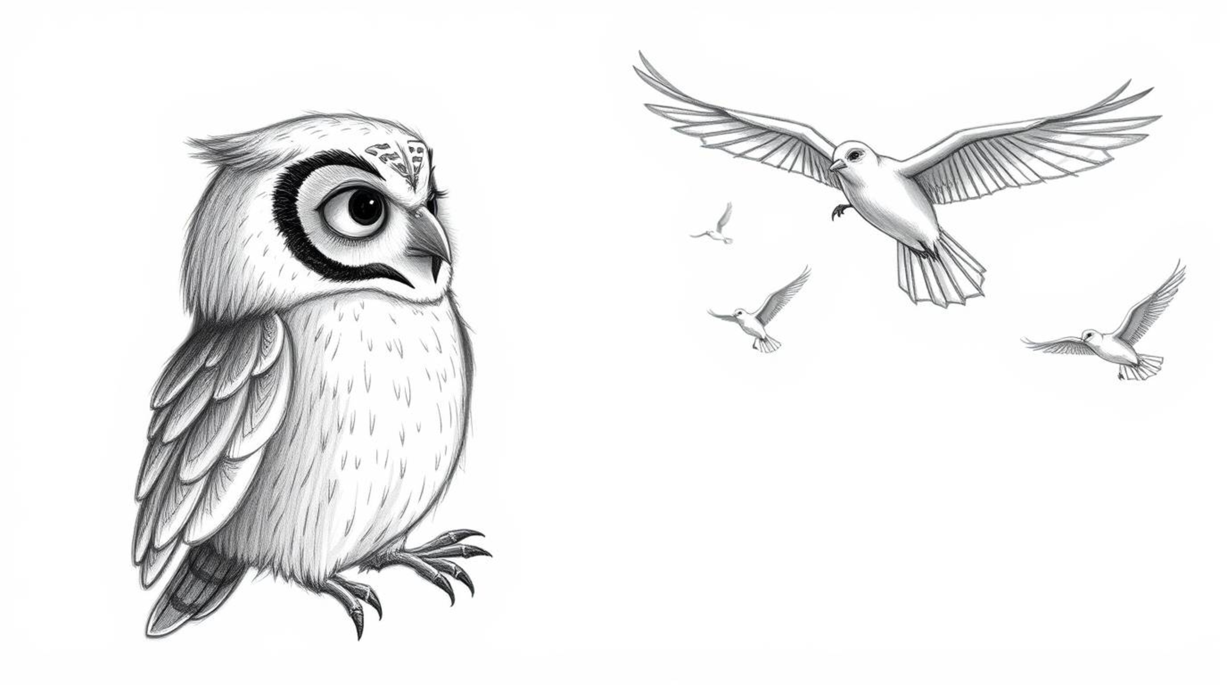 This captivating image showcases a hand-drawn sketch in a Pixar style, centered around a blind owl with soft, downy feathers