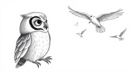 This captivating image showcases a hand-drawn sketch in a Pixar style, centered around a blind owl with soft, downy feathers 