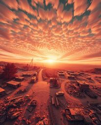 A captivating high-angle infrared photograph depicts a surreal sunrise over a war-torn landscape. The otherworldly tones crea