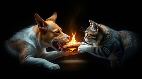 Witness a spiritually evocative scene: a dog and a cat locked in a fierce battle over a massive sandwich. Against an intense 