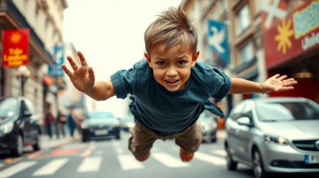 A captivating candid street photograph depicts a young boy with tan skin, a determined expression, and pixie dust propelling 
