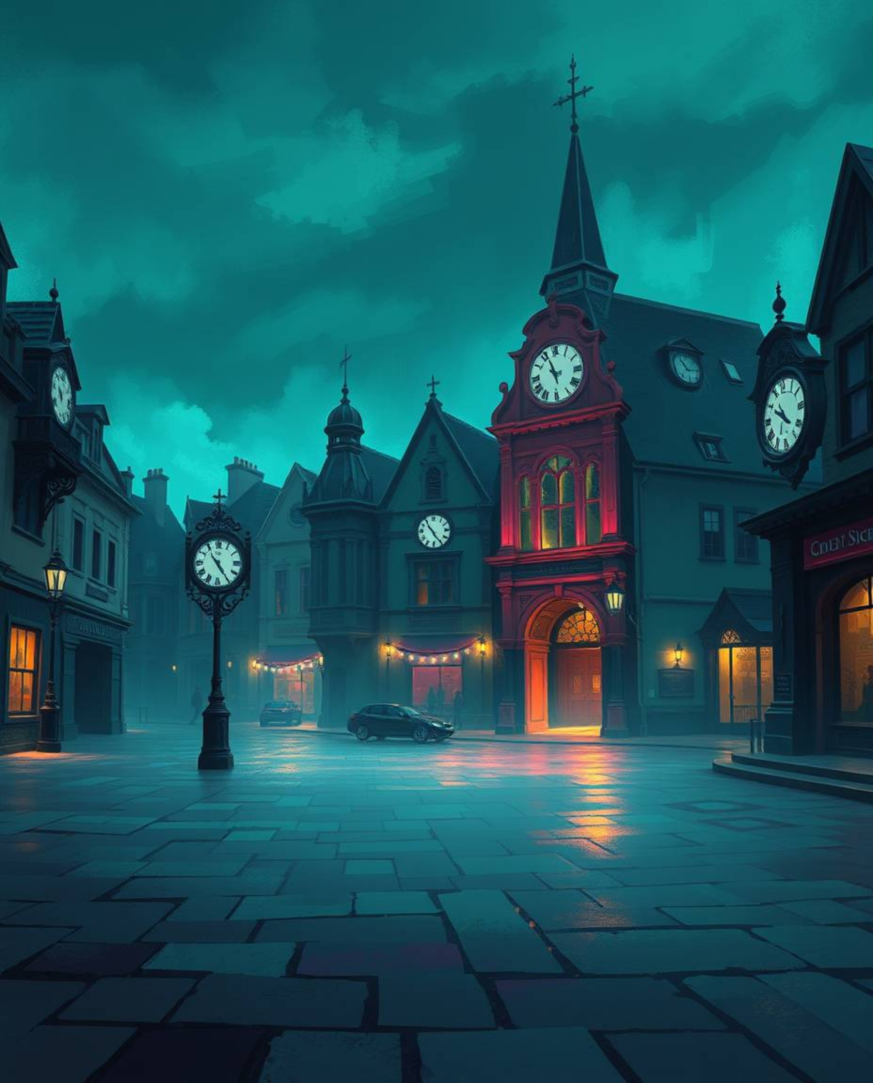 A digitally painted image capturing an empty town square with the subtle sound of ticking clocks, radiating an ethereal and s