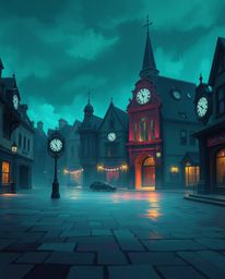 A digitally painted image capturing an empty town square with the subtle sound of ticking clocks, radiating an ethereal and s