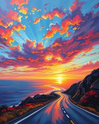 This acrylic painting presents a grand, epic scene of a sunset sky over a winding coastal highway, envisioned on a heroic sca