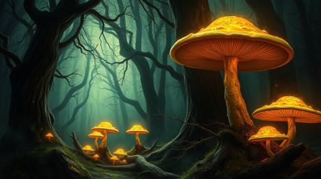 Explore a surreal digital painting of a vintage enchanted forest, illuminated by dramatically lit, glowing mushrooms. This hi
