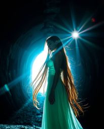 Bathed in ethereal light emanating from a deep teal tunnel, a person with glowing skin and long flowing hair stands at its ed