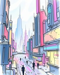 A captivating hand-drawn color sketchnote depicts a futuristic city enveloped in a glitch effect.  Flickering lights and frag