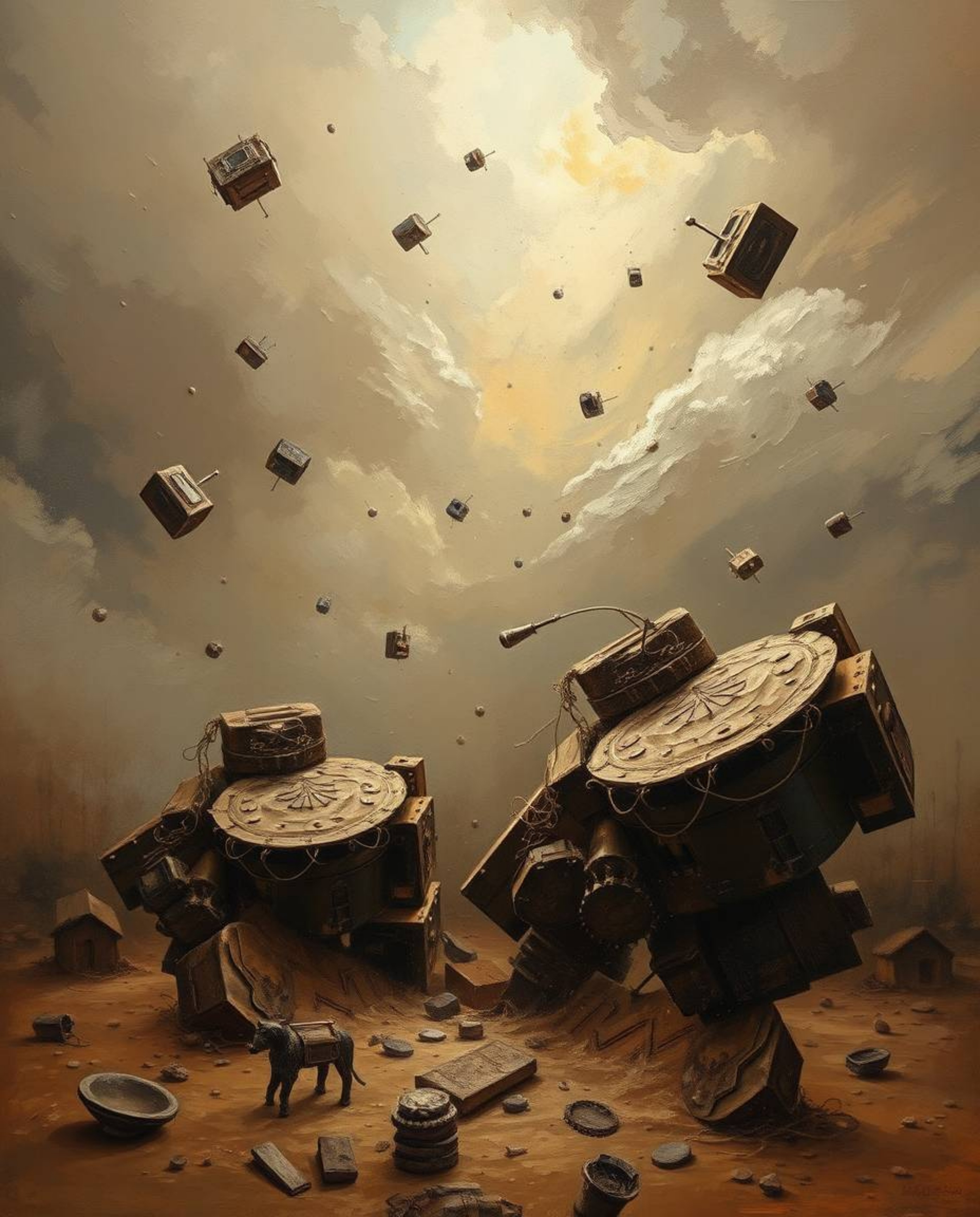 Experience a classic oil painting style rendered in natural earth tones, depicting a surreal storm where gravity is defied an