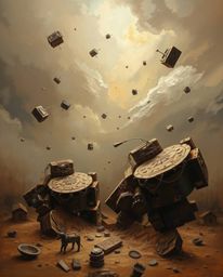 Experience a classic oil painting style rendered in natural earth tones, depicting a surreal storm where gravity is defied an