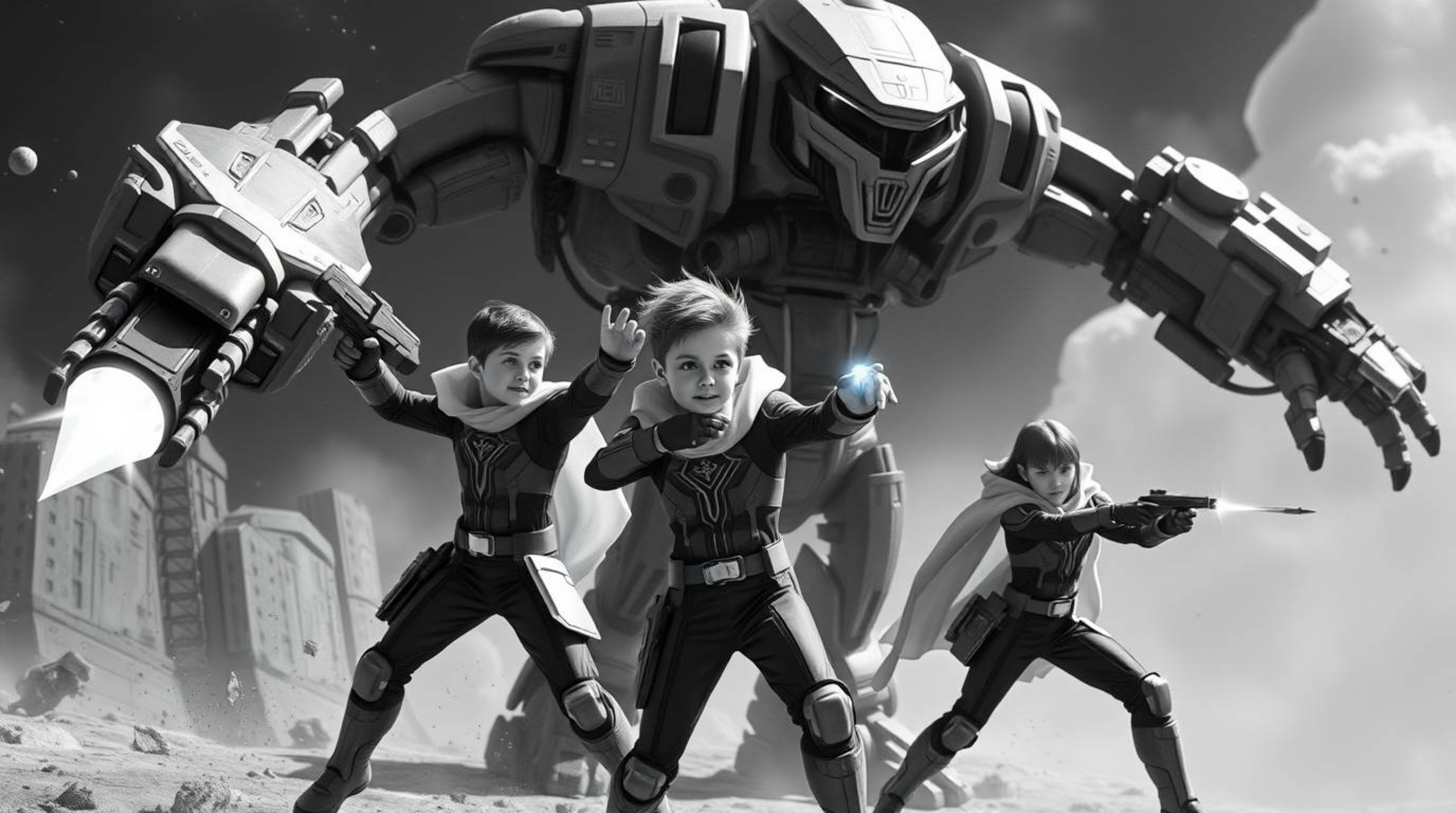 A captivating black and white photograph depicts three superpowered children, clad in futuristic attire, engaged in an epic b