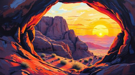A graceful and elegant acrylic painting capturing a vibrant sunset as seen through a natural rock arch in the desert.  The ar