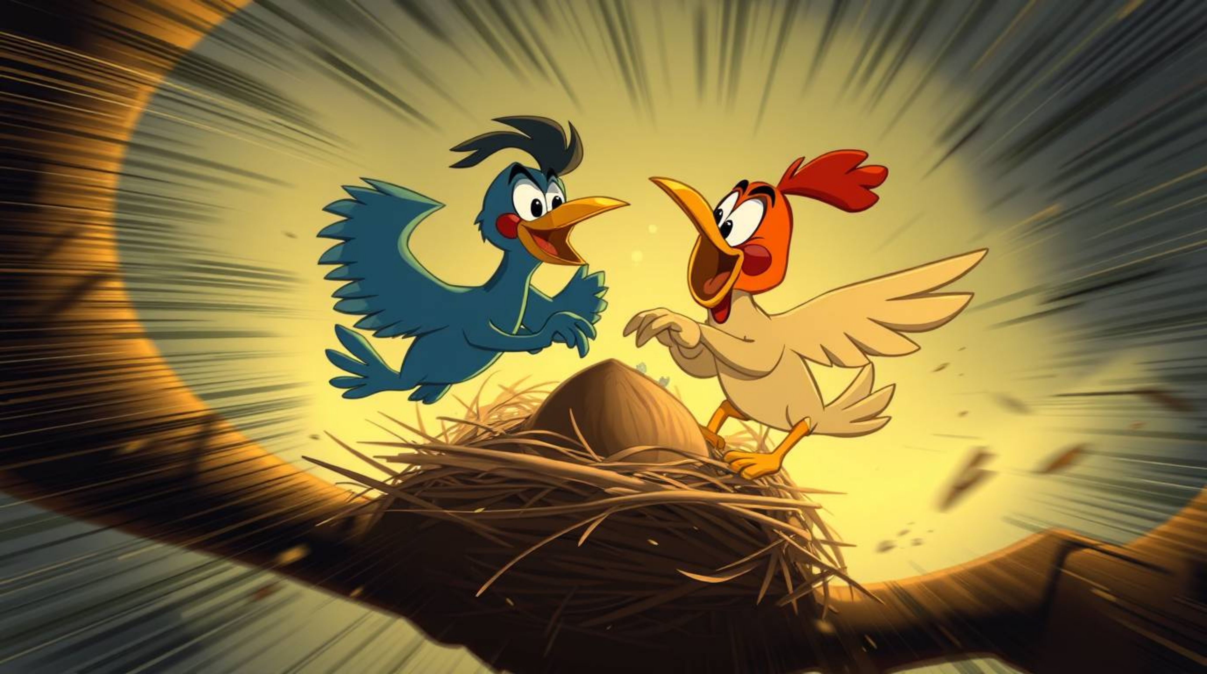 A captivating animation showcasing two cartoon birds dynamically constructing their nest. Rendered in a classic animation st