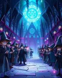 A captivating illustration of a magical school teeming with young wizards, brought to life with intense dramatic lighting.  T