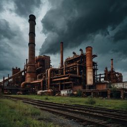 This industrial district scene evokes a sense of decay and power, with rusting factories, towering smokestacks, and massive h