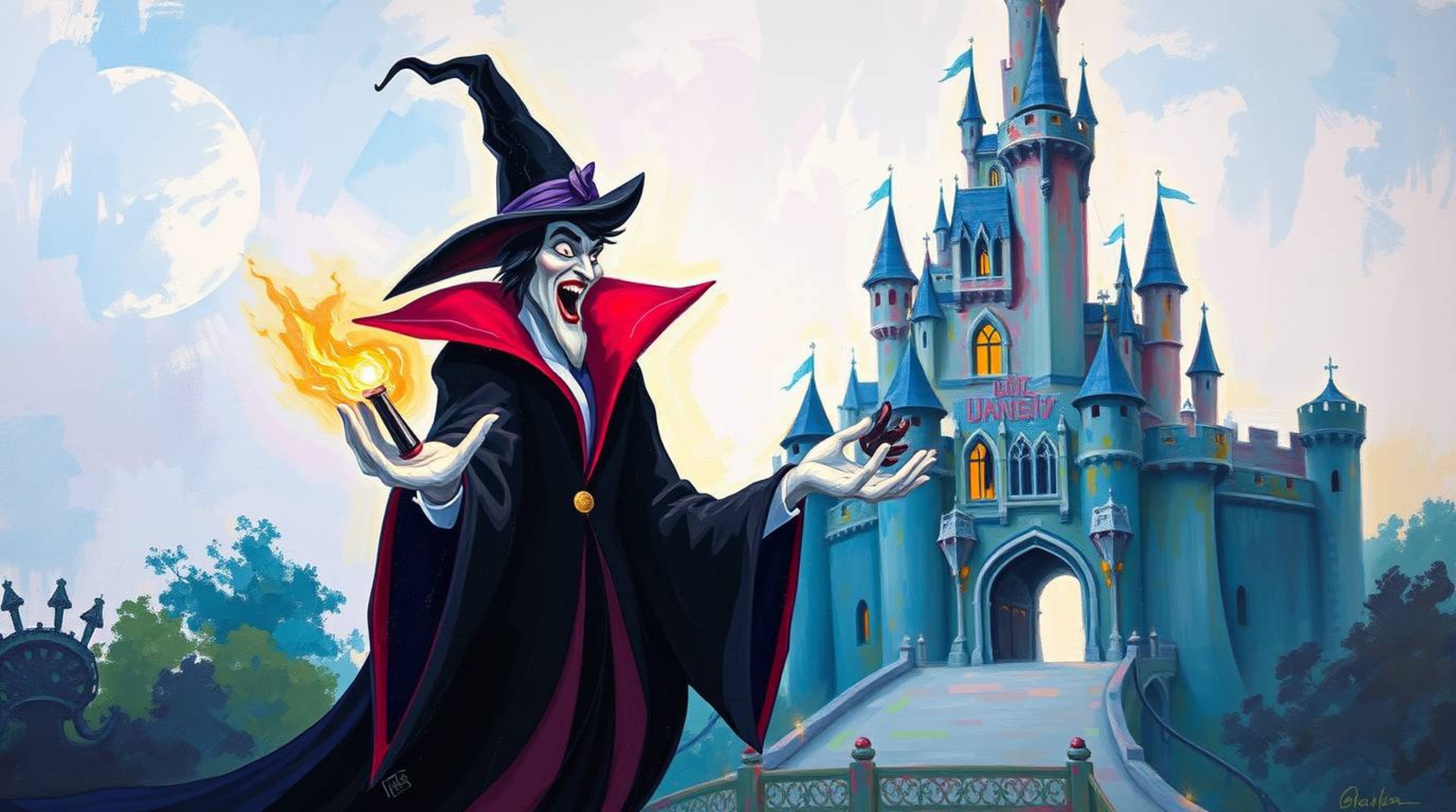 This bold acrylic painting depicts a classic Disney villain casting a spell within the confines of an old castle. The artwork