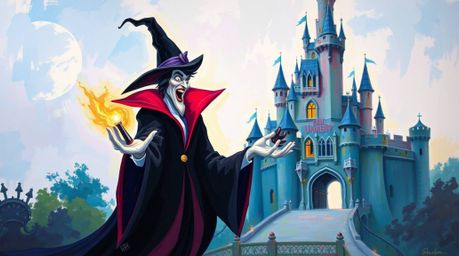 This bold acrylic painting depicts a classic Disney villain casting a spell within the confines of an old castle. The artwork
