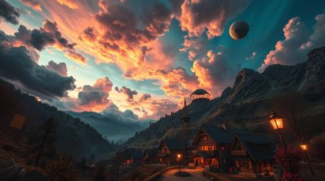 Experience a low-angle, dreamlike view of a cozy village nestled in a valley, bathed in the glow of a fantastical, colorful s