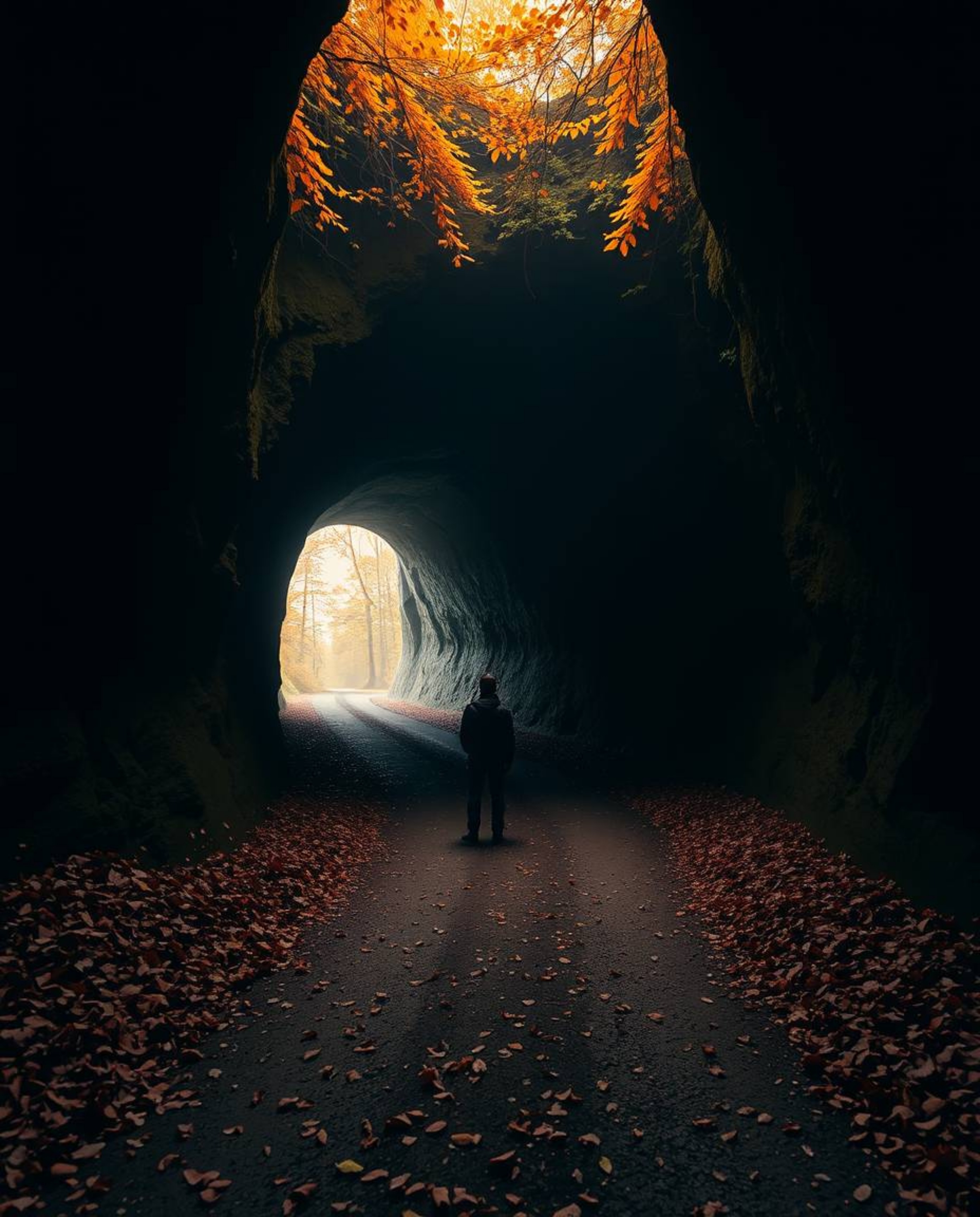 A captivating image depicting a person standing at the edge of a tunnel, gazing towards a warm, inviting light.  The scene is