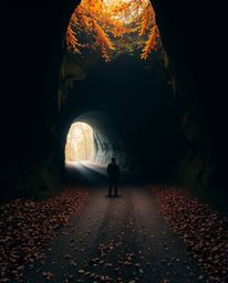 A captivating image depicting a person standing at the edge of a tunnel, gazing towards a warm, inviting light.  The scene is