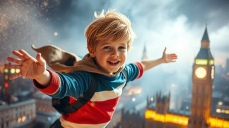 A young boy with reddish-blonde hair soars above London, powered by magical pixie dust. The scene is bathed in vibrant colors