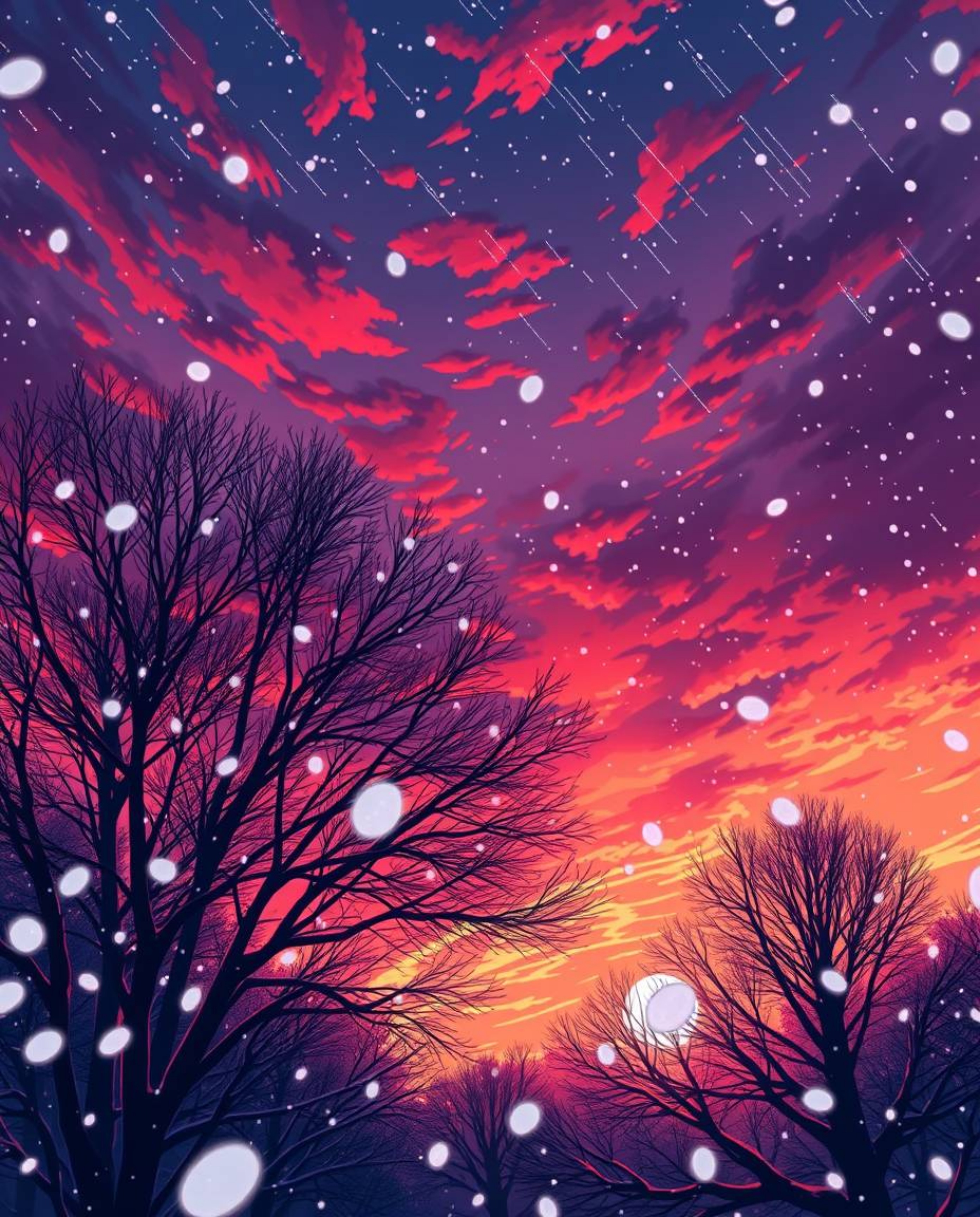 This artwork captures snowflakes falling during a vibrant sunset in a classic Isekai anime style. The scene is viewed from a 