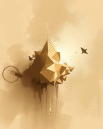 A digital sketch in natural earth tones depicts ethereal, spiritual glitched geometric shapes floating in cyberspace, creatin