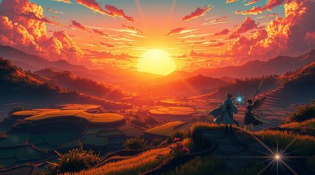 Experience an epic Isekai anime-style sunset cascading over breathtaking rice terraces, a grand vista populated by heroic cha