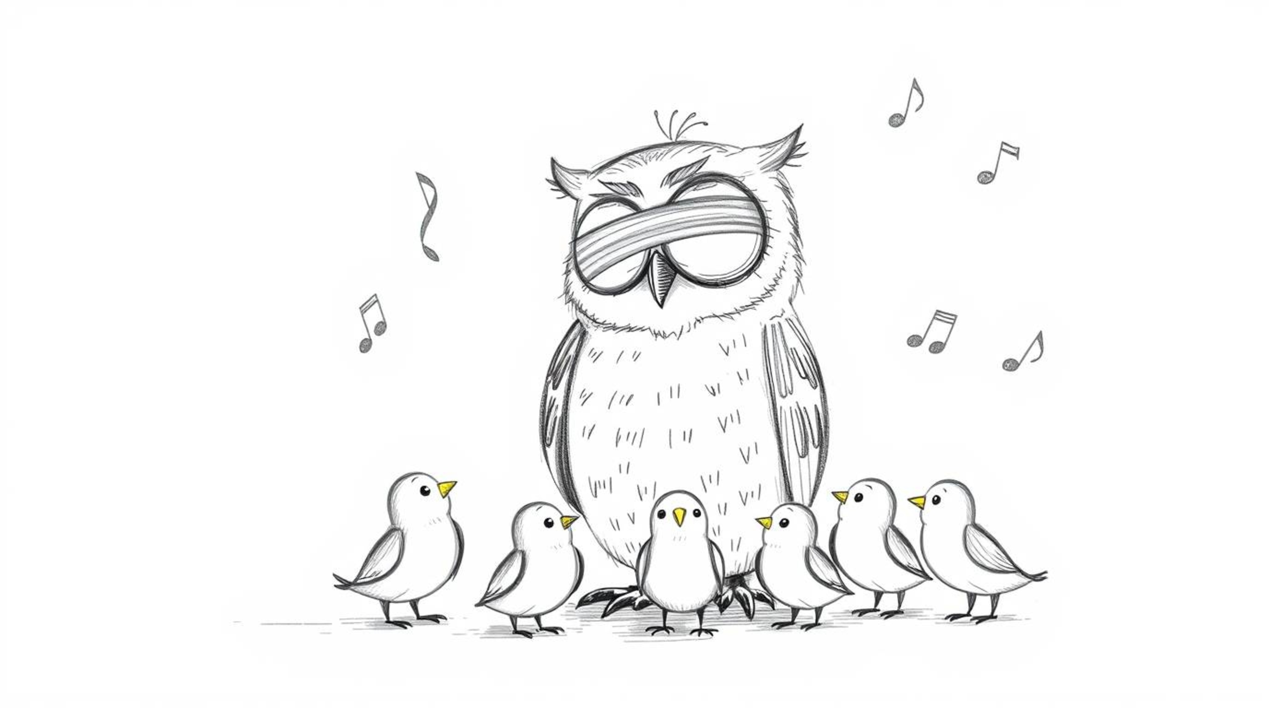 A charming, whimsical hand-drawn sketch in Pixar style depicts a blind owl with a gentle expression teaching a group of small