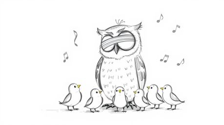A charming, whimsical hand-drawn sketch in Pixar style depicts a blind owl with a gentle expression teaching a group of small