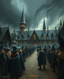 A captivating digital painting depicts a magical school brimming with young wizards.  Rendered with a striking cast bronze su