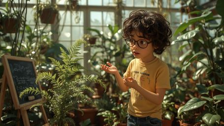 a vibrant, whimsical photograph reminiscent of Pixar, depicting a bespectacled, curly-haired young genius, likely around 12 y