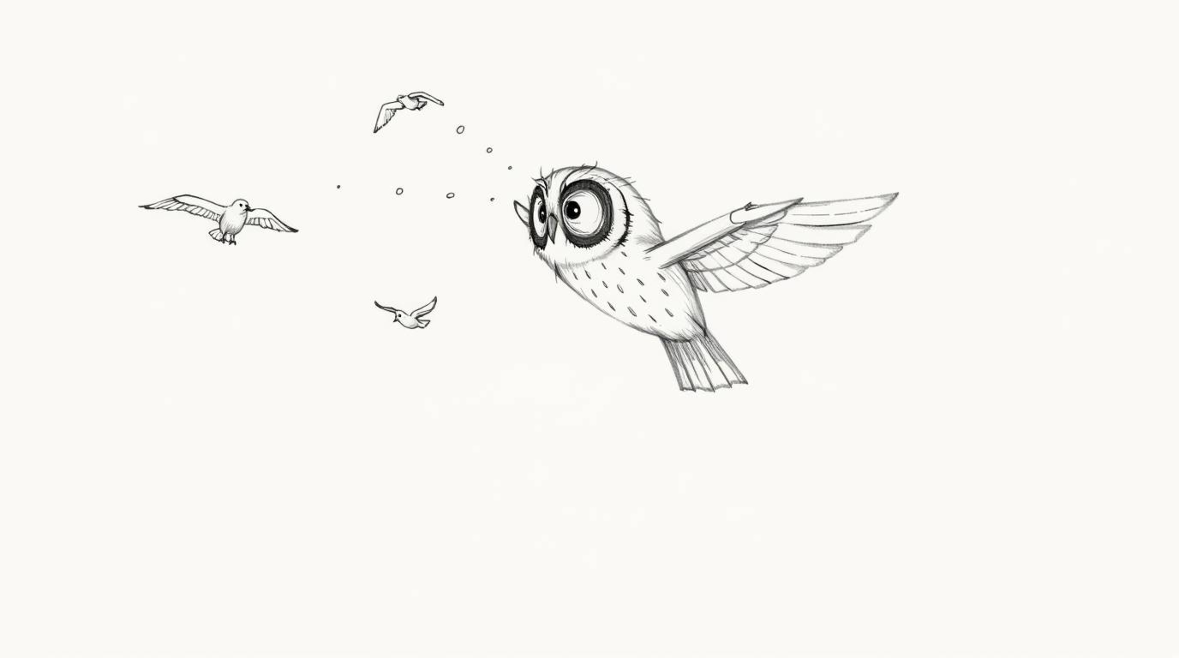 A heartwarming hand-drawn sketch in the Pixar style depicts a blind owl patiently teaching birds how to fly.  The image featu