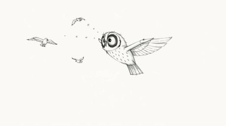 A heartwarming hand-drawn sketch in the Pixar style depicts a blind owl patiently teaching birds how to fly.  The image featu