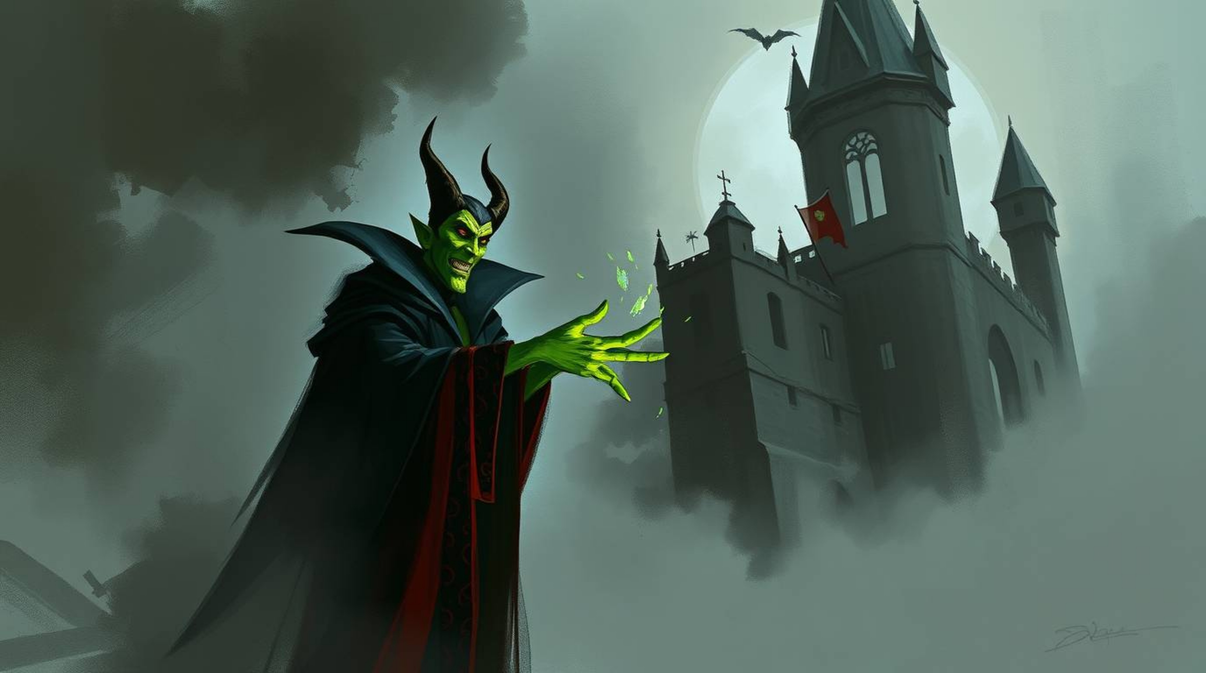 A digital sketch showcasing a classic Disney-esque villain with sharp features and vibrant green skin, casting a spell within