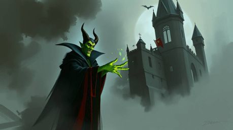 A digital sketch showcasing a classic Disney-esque villain with sharp features and vibrant green skin, casting a spell within