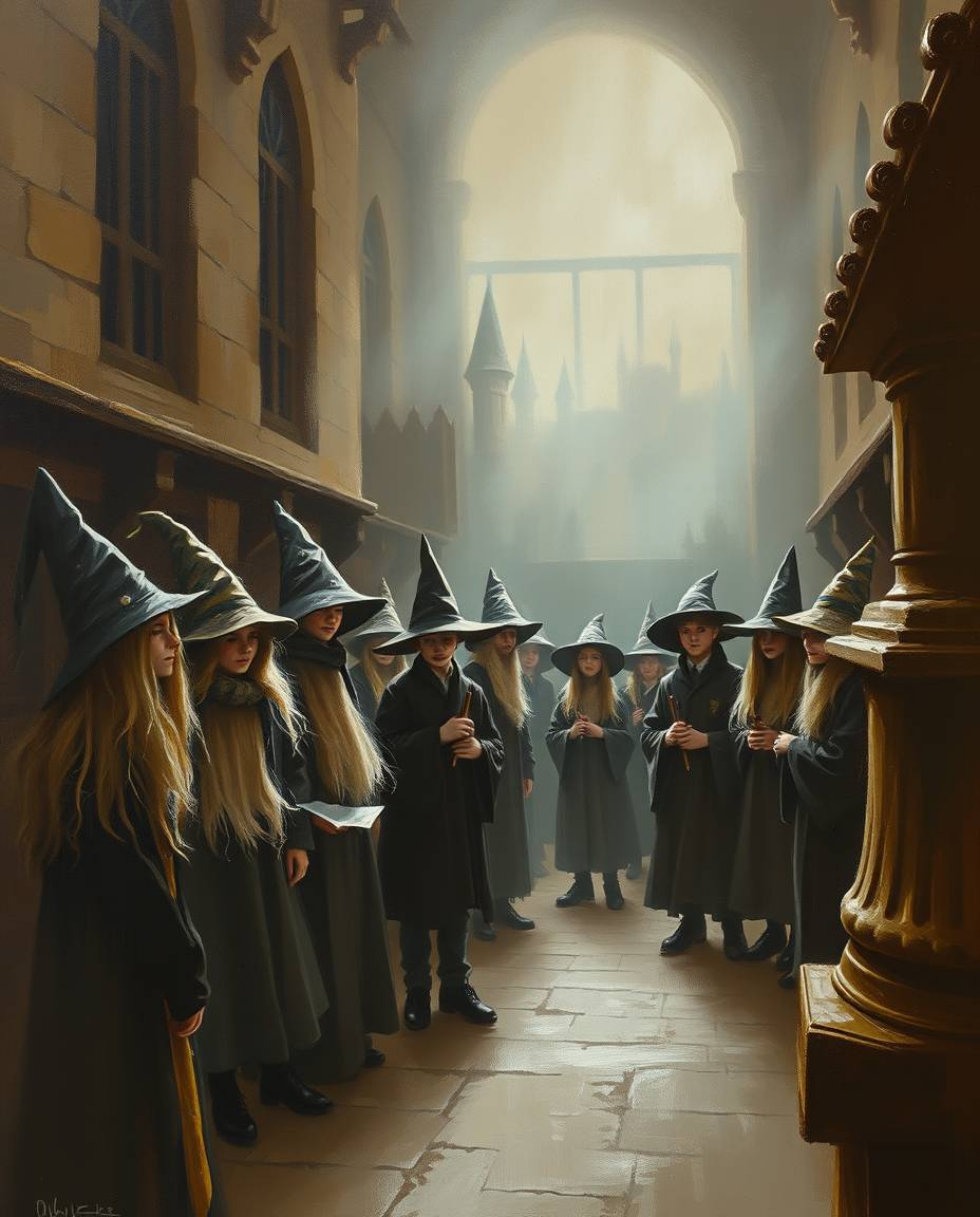 A captivating classic oil painting depicts a magical school brimming with young wizards.  The artwork features natural earth 