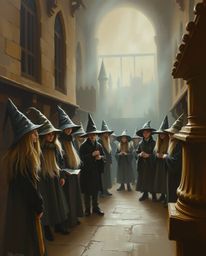 A captivating classic oil painting depicts a magical school brimming with young wizards. The artwork features natural earth