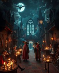 Discover a dreamlike, surreal image of an eerie magical school brimming with young wizards. This fantastical artwork features
