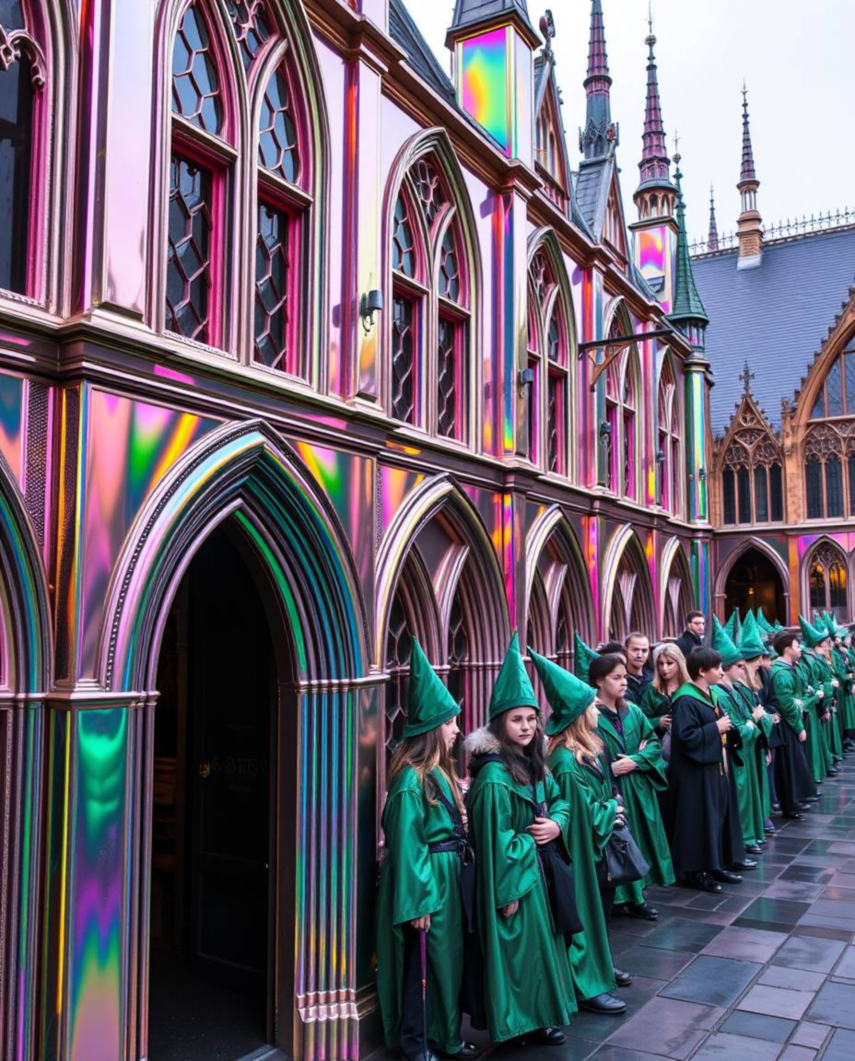 This precise architectural color photograph captures the enchanting ambiance of a magical school teeming with young wizards. 