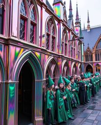This precise architectural color photograph captures the enchanting ambiance of a magical school teeming with young wizards. 