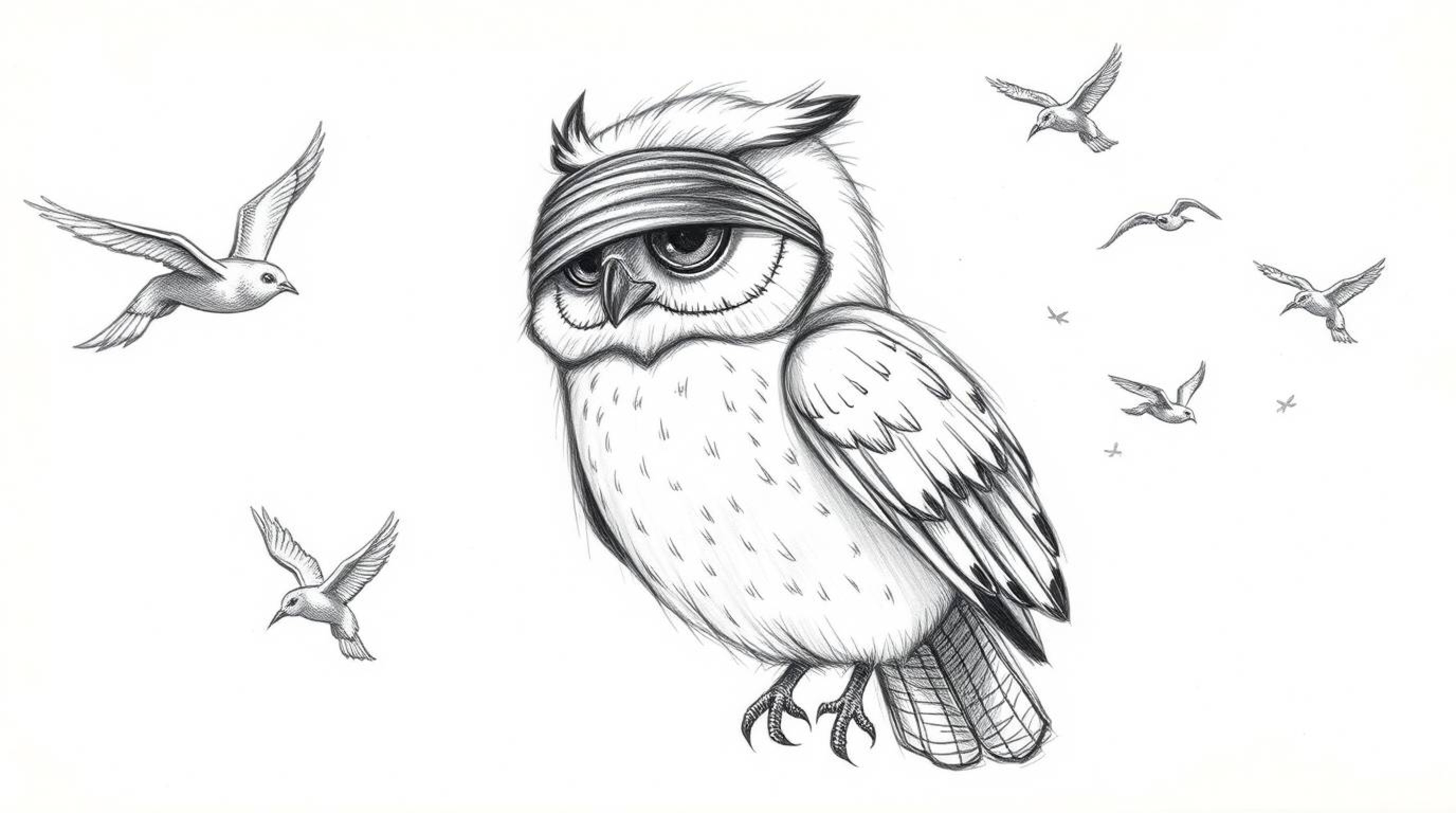 A hand-drawn sketch in Pixar style depicting a blind owl with soft, downy feathers guiding several birds in flight. The artwo