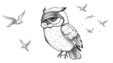 A hand-drawn sketch in Pixar style depicting a blind owl with soft, downy feathers guiding several birds in flight. The artwo