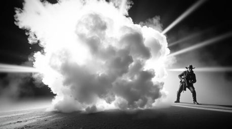 A timeless and elegant black and white photograph depicts a classic exploding TNT gag in the Wild West.  Volumetric lighting 