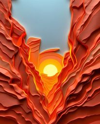 A layered papier-mâché artwork depicts a warm sunset scene, showcasing sandstone cliffs in a canyon illuminated by the settin