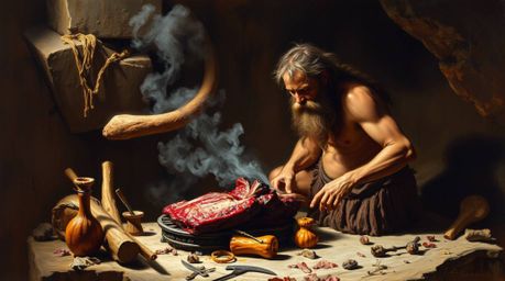 This classic oil painting depicts a caveman skillfully cooking mammoth meat, employing a chiaroscuro lighting technique to cr