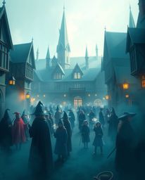 A captivating digital painting showcases a magical school brimming with young wizards, enveloped in a soft, cinematic haze. C