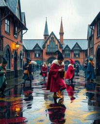 Immerse yourself in a captivating scene of a magical school teeming with young wizards, brought to life with vibrant compleme