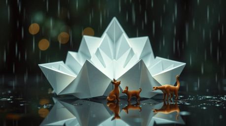 A captivating vintage 2D animation depicts a princess singing with forest animals in a whimsical, rainy forest scene. The in