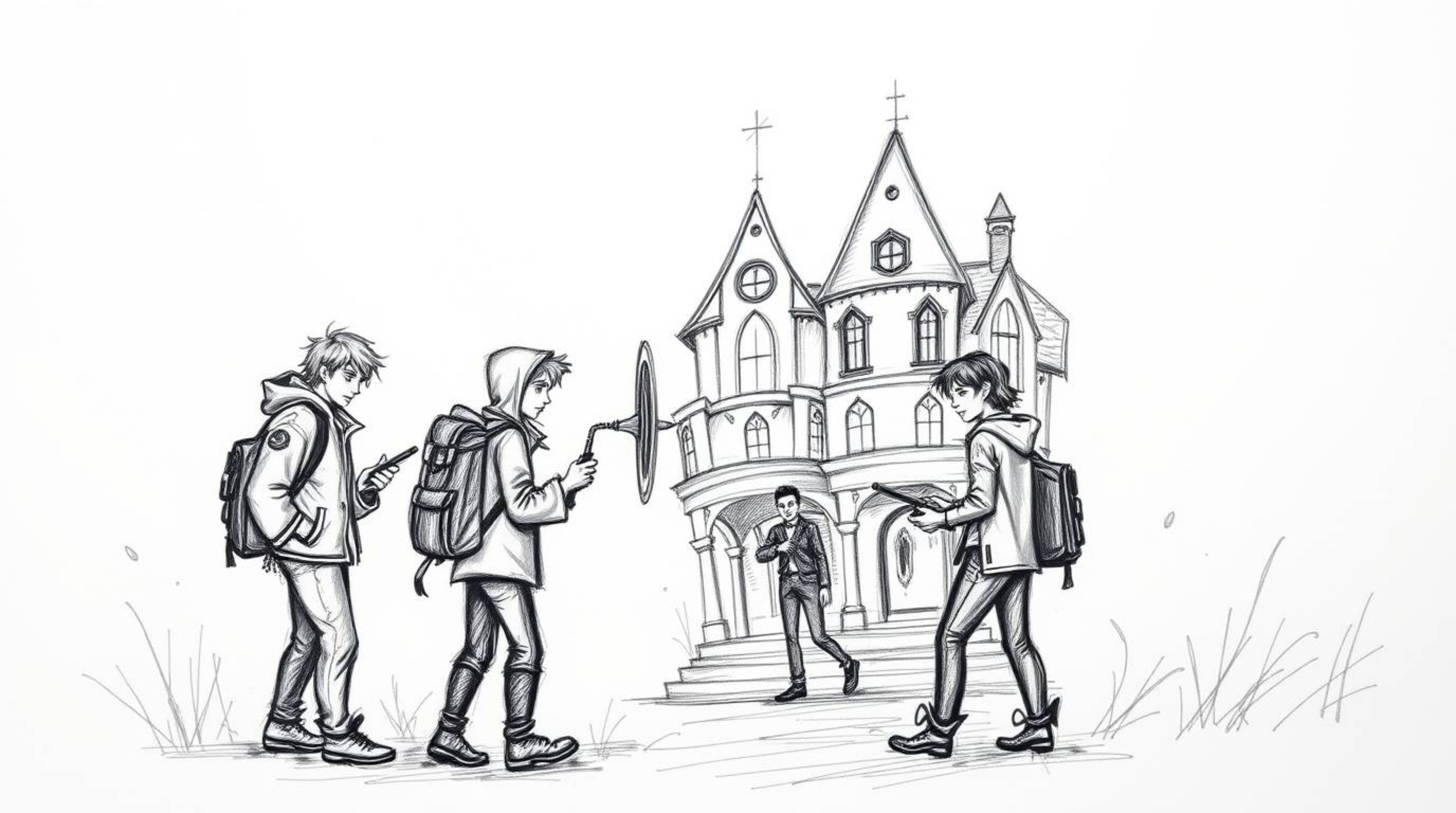 A captivating hand-drawn sketch depicts a group of teenagers unraveling mysteries within a spooky haunted mansion.  The rough